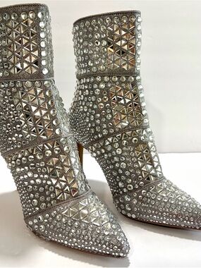 INC Stiletto Rhinestone Mirror Stud Silver Glam High Heel Boots Booties / NWT